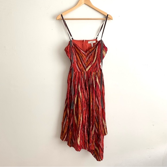 BCBGMaxAzria Dresses & Skirts - BCBGMaxAzria Red Gold Silk Runway Asymmetric Midi V Neck Dress